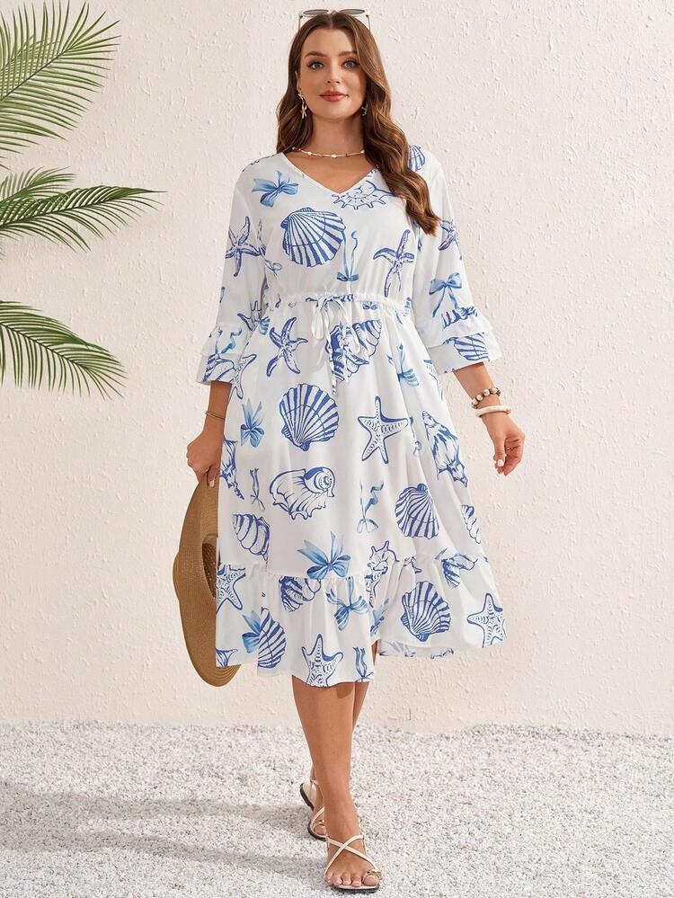 Plus Size Women's Summer Casual Vacation Country V-Neck Ruched Allover Print Fashionable White Dress,Summer Outfits For Women ,Vacation Outfits Women ,Holiday Outfits For Women,Going Out Outfits,2026 New Clothes,Simple And Fashionable For Everyday Wear,Suitable For Summer, Vacation, Daily Wear, Festival Outfits For Women,Country Concert Outfit,Beach Outfits For Women,Western Style,Flowy Dress ,Ruffle Dress