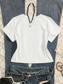 女士休闲圆领短款T恤，带星星贴花 - 白色 - 查看 2