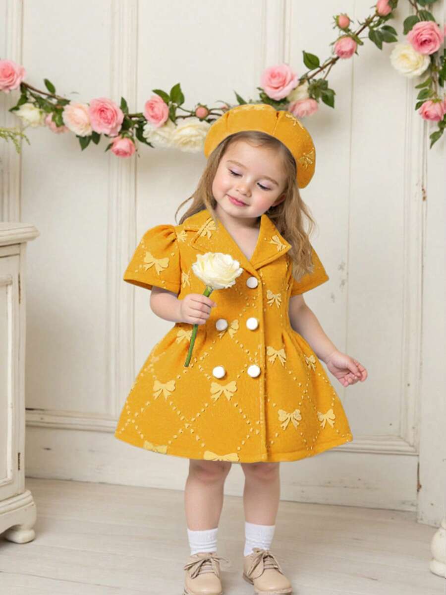 Souflis Souflis Baby Girls' Dreamy Yellow Bow Textured Elegant Classic Dress With Beret Hat - Yellow - View 1