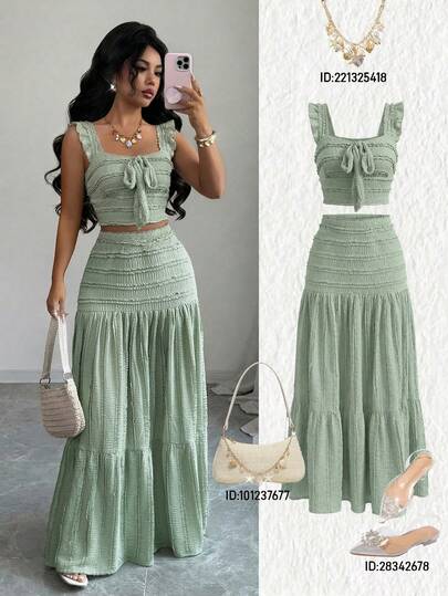 Selianne Women's Green Knitted Jacquard Fabric Ruffle Sleeve Tie Front Crop Top And Loose Skirt Set, Elegant And Sophisticated Design, Suitable For Birthday, Date, Party, Formal Occasion, Spring Outfit Ladies Summer Two Piece Skirt Sets Two Piece Skirt And Top Sets For Women Outfits For Women 2 Piece Ladies Dresses Summer Two Piece