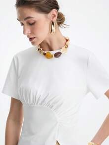 Aalyst Damen elegantes Pendler-Lässig-Büro-Raffungen-asymmetrischer Saum T-Shirt - Weiss - Übersicht 4