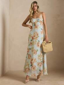 Enchnt 雪纺印花吊带露背A字长裙，浪漫法式风格，优雅春夏款，浅蓝色 - 彩色 - 查看 4