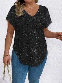 EMERY ROSE Silver-Plated Finish, Large-Sized Women's V-Neck Casual T-Shirt With A Curved Hemline And Overlay. - Black - View 5