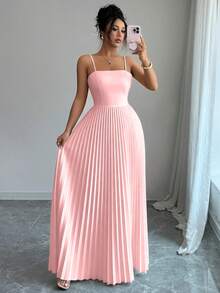 Elenzga Women's Solid Color Pleated Elegant Waist Cinched Long Strap Dress, Suitable For Dates And Parties - Pink - View 3