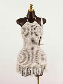 SaltGleam SaltGleam 女士夏季针织流苏连衣裙 - 杏色 - 查看 1