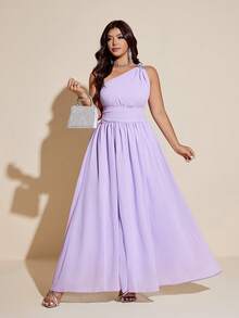 Maweii 大码优雅褶皱钻石装饰不对称领口高开衩连衣裙 - 紫色 - 查看 5