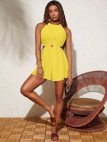 Travachic Women's Solid Color Sleeveless Cutout Waist Jumpsuit, Suitable For Vacation - Light Yellow - View 5