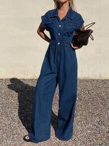 DAZY 女士牛仔背带裤连体裤，翻领 Polo 衫，短袖长裤 - 藍色 - 查看 7