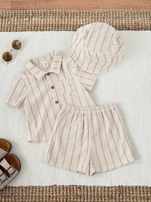 SHEIN 3pcs/Set Unisex Baby Boy/Girl Khaki Striped Short Sleeve Shirt, Shorts And Sun Hat, Spring/Summer Baby Boy Clothes Outfits - Apricot - View 5