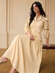 ZEYLAH 2pcs Linen Lace Patchwork Shirt And Mini Skirt Set, Spring/Summer - Apricot - View 5