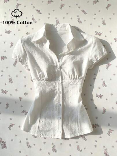 Elamini Women's Casual Retro Spicy Texture Jacquard Waist Cinching Vacation Fitted Short Sleeve Blouse White Blouse See Through Shirt Sexy Blouse