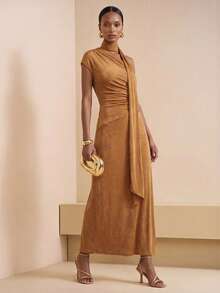 Zivah 2026 Spring New Mediterranean Vacation Style Asymmetric Design Neck Tie Waist Ruched Khaki Dress - Yellow - View 5