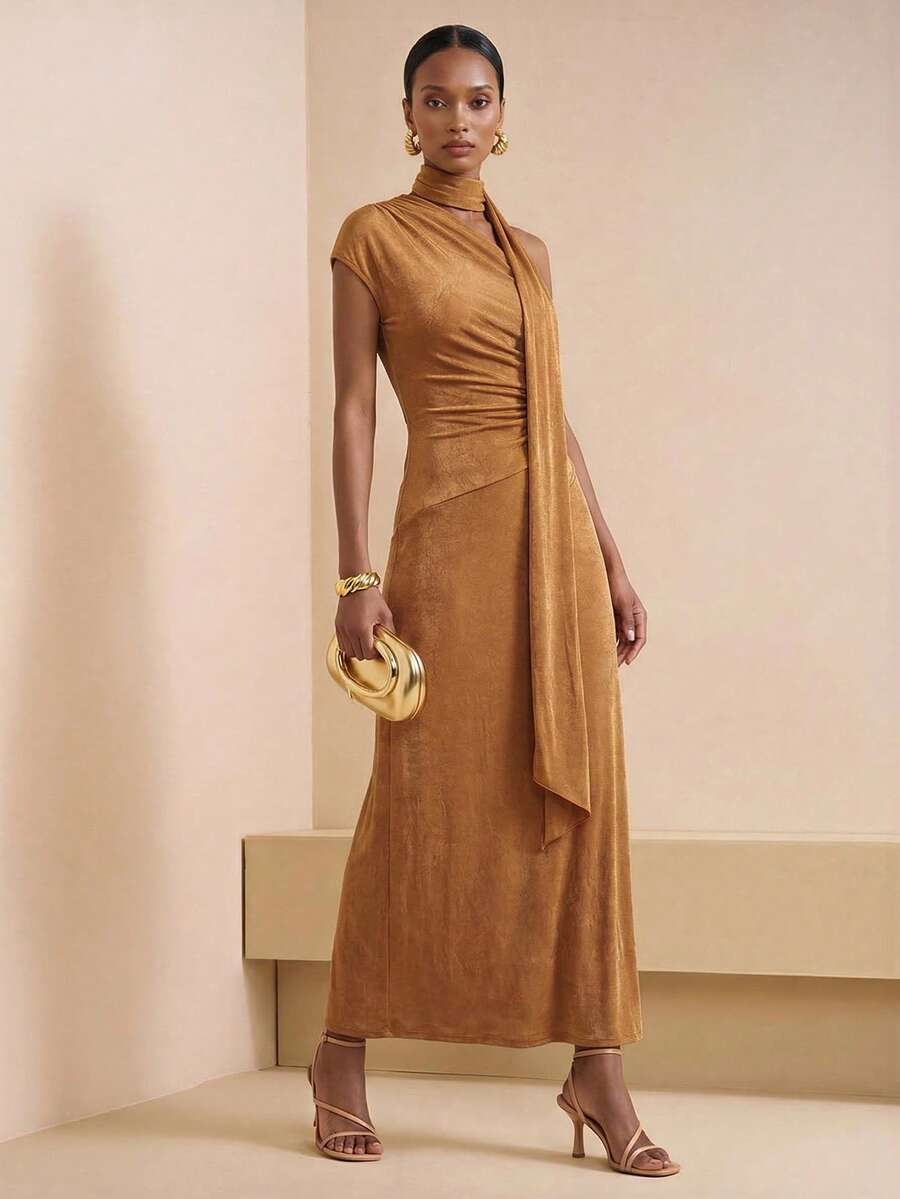 Zivah 2026 Spring New Mediterranean Vacation Style Asymmetric Design Neck Tie Waist Ruched Khaki Dress - Yellow - View 1