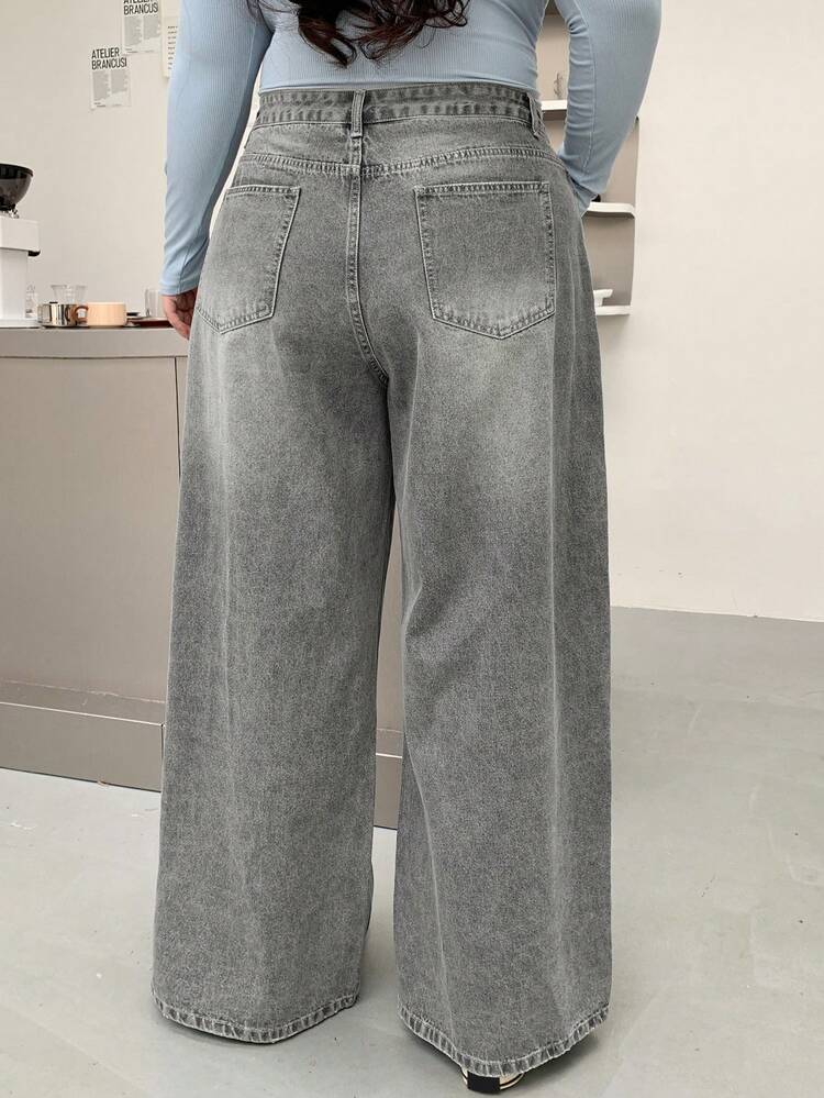 Dazy Plus Plus Size Plus Size Distressed Washed Wide Leg Long Denim Jeans,Baggy Jeans