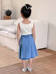 SHEIN Little Byeori 少女藍色百褶喇叭牛仔長裙，春夏休閒度假鄉村波西米亞風，海灘、西式街頭穿搭，春假、電音節慶典、畢業季適用 - 中等水洗藍 - 查看 2