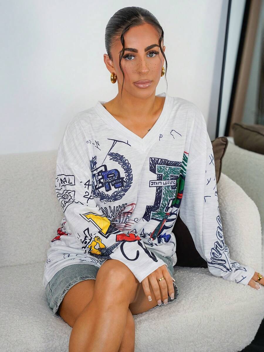 SAYEHFBABY 涂鸦印花时尚连帽长袖外套，街头风女装，秋季款 - 彩色 - 查看 1