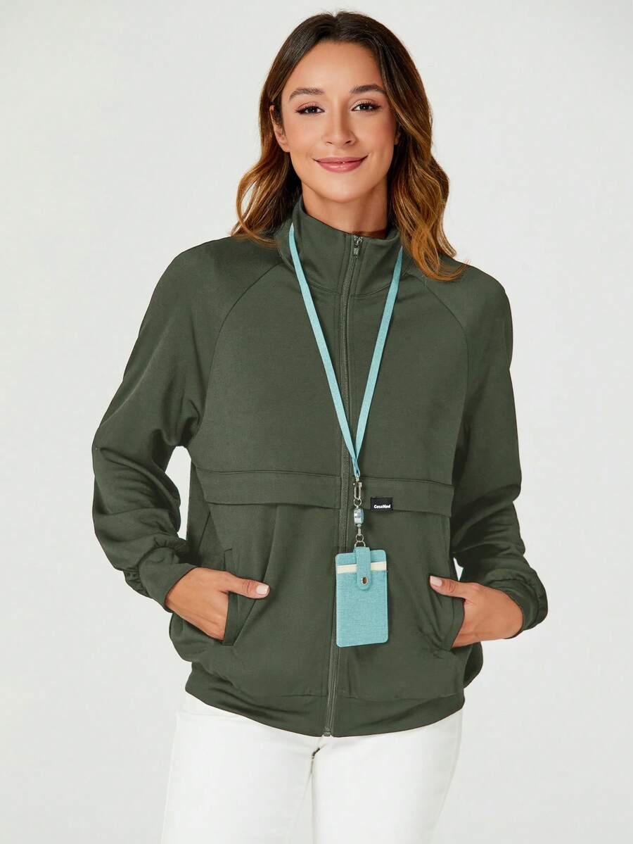 TaskEZ Raglan Sleeve Casual Scrub Uniform Jacket - Army Green - View 1