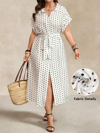 Juhart Plus Size Polka Dot Elegant Black And White Summer Vacation Midi Dress For Women,Button Decor Cinched Waist Casual Daily Wear Picnic Dresses