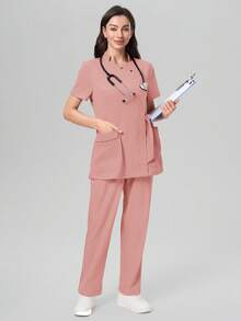 Scrubzie Anti-Wrinkle Short Sleeve Tie-Up Long Shirt And Long Pants Scrub Uniform Set - Dusty Pink - View 6