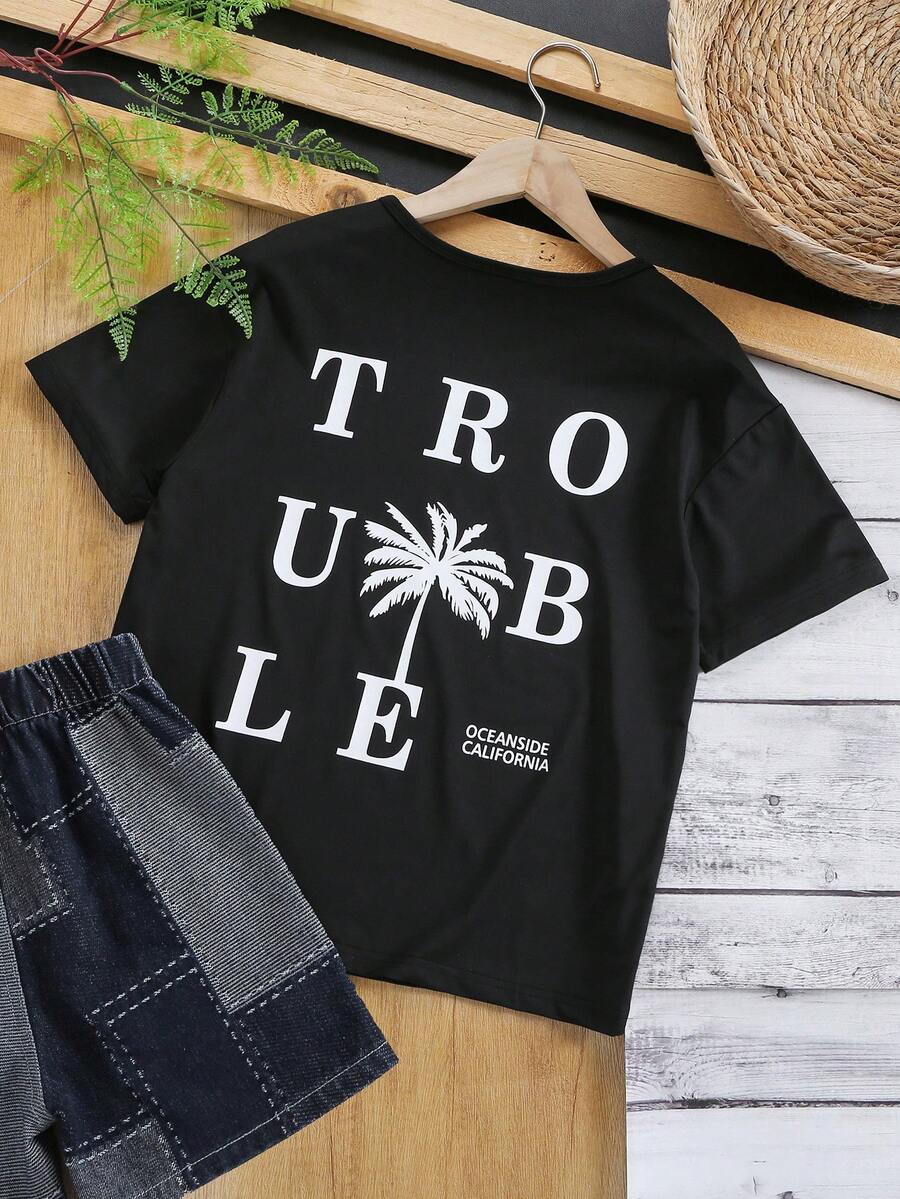 男童休闲英文字母印花T恤,适合日常外出穿着 - 黑色 - 查看 1