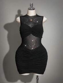SHEIN ICON Sexy Partykleid in Große Größen für Frauen, schwarzes ärmelloses Mesh-Patchwork-Bodycon-Kleid, Cocktailkleid - Schwarz - Übersicht 3