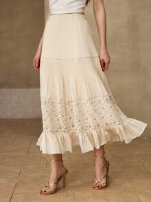 MOTF PREMIUM WOMEN'S SPRING/SUMMER A-LINE SKIRT WITH LACE PATCHWORK, TENCEL & WOOL BLEND - Apricot - View 5