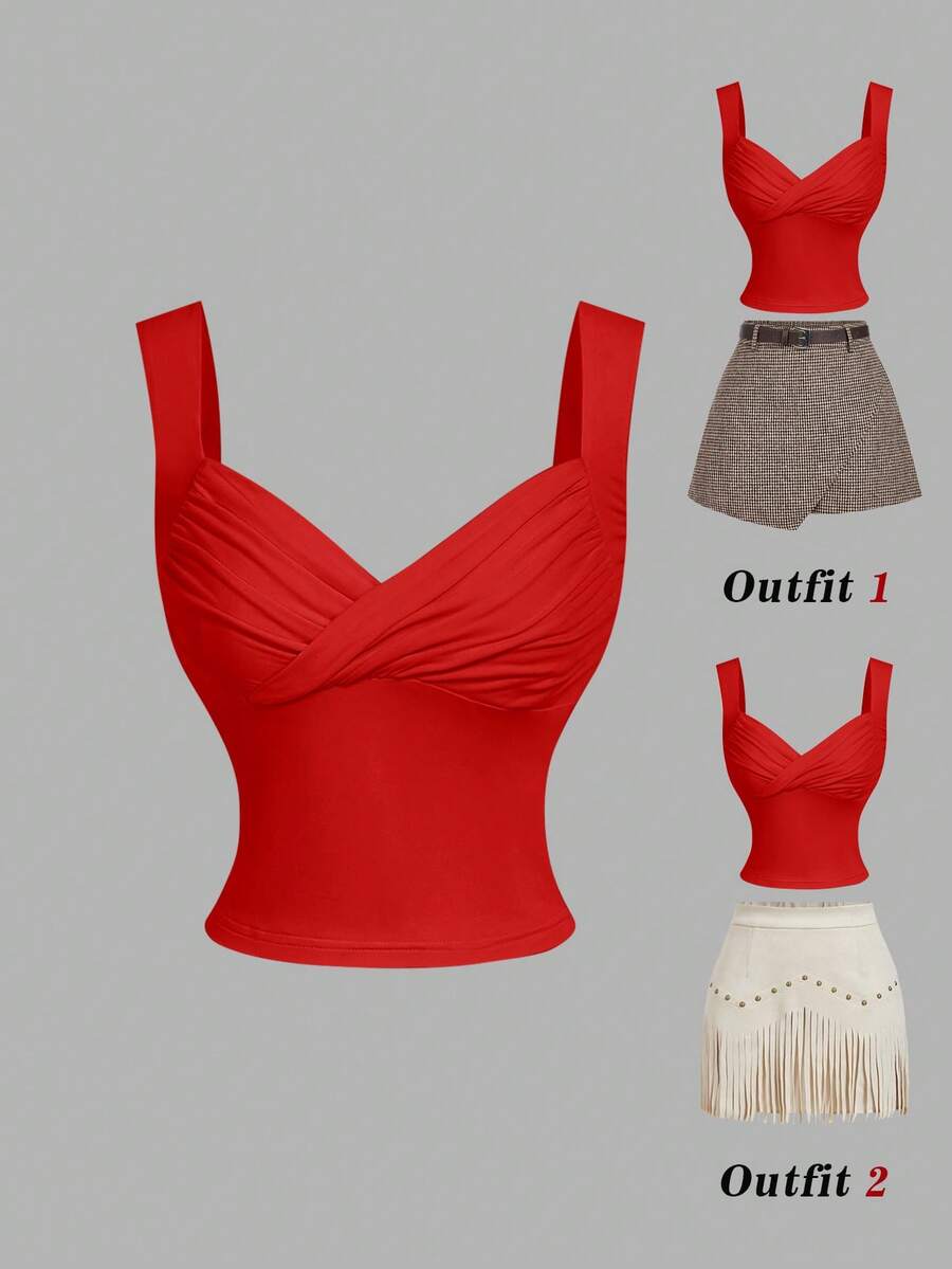 SHEIN MOD 女士纯色时尚褶皱针织吊带衫 - 紅色 - 查看 1