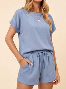 Coeurva 女士休闲浪漫舒适纯蓝色两件套，春夏两件套短袖连体衣，女士夏季休闲套装，短袖连体衣，蓝色两件套，女士短裤套装，春夏精选蓝色上衣和短裤休闲夏季套装，女士两件套 - 藍色 - 查看 13