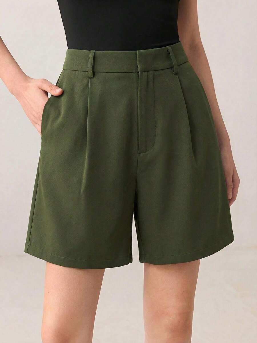 BizChic Women's Pleated High Waist Side Pocket Shorts,Army Green,Summer,Casual,Hiking,Elegant Urban Commute,Formal Office,90s Retro Style,Versatile All-Match - Army Green - View 1