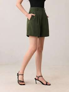 BizChic Women's Pleated High Waist Side Pocket Shorts,Army Green,Summer,Casual,Hiking,Elegant Urban Commute,Formal Office,90s Retro Style,Versatile All-Match - Army Green - View 6