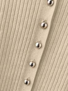 SHEIN Franclia 新款夏季休闲宽松百搭简约优雅柔软Polo衫，适合办公室、工作、通勤等场合，金属纽扣设计，修身剪裁，款式简洁大方，男女皆宜，极简女式开衫 - 米色 - 查看 6