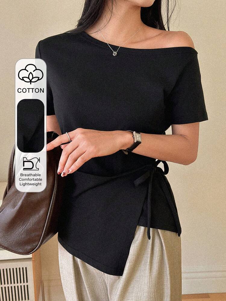Women's Summer Asymmetrical Shoulder Tie-Side Short Sleeve Casual T-Shirt