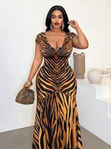 SHEIN CURVE+ Women's Elegant V-Neck Leopard Print Fishtail Hem Design Dress, Suitable For Party, Gathering And Daily Wear - Multicolor - View 7