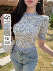 DAZY Women's Stand Collar Casual Versatile Daily Wear Knitted Short Sleeve Top - Blue - View 1