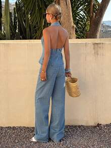 DAZY Bộ đồ denim nữ mùa hè, gồm áo hai dây cài khuy và quần dài. - Màu xanh lam - Xem 2