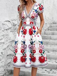 Ellevyn 女士印花V领短袖中长连衣裙，度假风 - 紅白色 - 查看 6