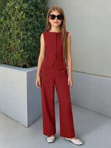 SHEIN 2件套少女休闲日常时尚背心和打底裤套装 - 紅色 - 查看 5