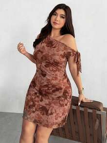Firerie Plus Size Women's Summer New Floral Asymmetrical Shoulder Sexy Elegant Vacation Mini Dress, Mesh Tie Dye Floral Stretch Dress, Asymmetric Neck Dress, Spring/Summer Clothing, Beach Outfit, Elegant, Sexy, Vacation, Beach, Hawaii, Date, Party, Music Festival, Graduation Dress, Prom - Brown - View 8