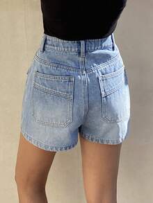Livesso Women's Washed Blue Denim Shorts With Large Pockets, Suitable For Summer Beach Holiday Jorts - Blue - View 2