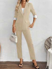 EMERY ROSE 女士条纹吊带背心、单排扣长袖外套和长裤休闲通勤套装 - 卡其色 - 查看 7