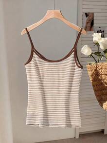 Lyxana Camiseta sin mangas casual con ribete a rayas para mujer - Caqui - Ver 2