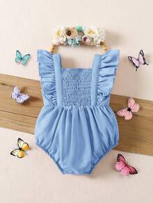 SHEIN 新生女宝宝可爱休闲蝴蝶荷叶边连体衣，夏季 - 藍色 - 查看 2