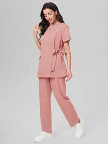 Scrubzie Anti-Wrinkle Short Sleeve Tie-Up Long Shirt And Long Pants Scrub Uniform Set - Dusty Pink - View 7