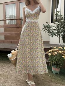 Livesso 女士花卉撞色蕾丝吊带中长连衣裙，度假款 - 黃色 - 查看 5