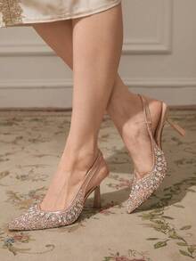 CUCCOO TILAWA Pointed Toe High Heel Rhinestone Wedding Shoes, Closed Toe Champagne Formal Party Pumps For Christmas - Champagne - View 4