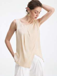 Aalyst Women's Pleated Solid Satin Crepe Sleeveless Asymmetrical Hem Blouse - Champagne - View 4