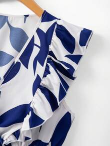 GlowEve CURVE Blouse à volants col V pour femmes grandes tailles, imprimé floral bleu et blanc vintage, ajustée, manches courtes, décontractée, convient pour les vacances, le travail et le port quotidien, été - Bleu et Blanc - Voir 7