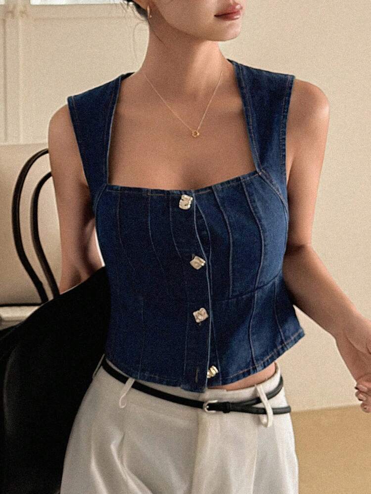 Women's Sleeveless Cropped Denim Vest, Casual Vacation Style Summer Babydoll Top