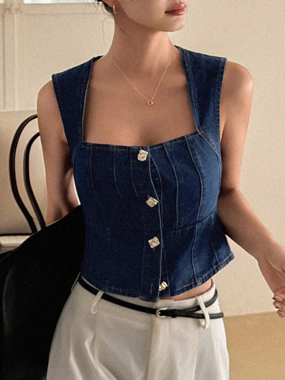 Women's Sleeveless Cropped Denim Vest, Casual Vacation Style Summer Babydoll Top Cute Tops