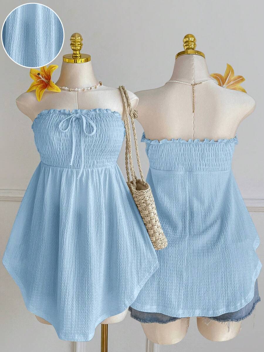 Comfortcana Plus Size Asymmetric Hem Lace Hollow Out Jacquard Tie Front Ruffle Trim Tube Top, Light Blue, Spring/Summer - Baby Blue - View 1